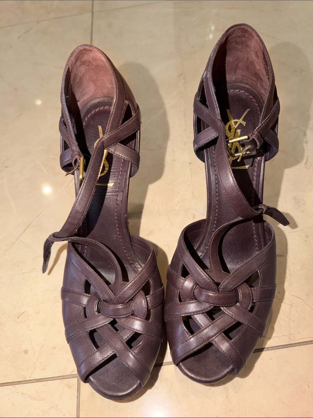 Yves Saint Laurent Dark Brown Woven Leather Ankle-Tie Heels size 39